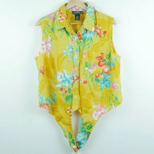 Ralph Lauren 1X Top Sleeveless Tie Front Linen Floral Tropical‎ Retro Beach Crop